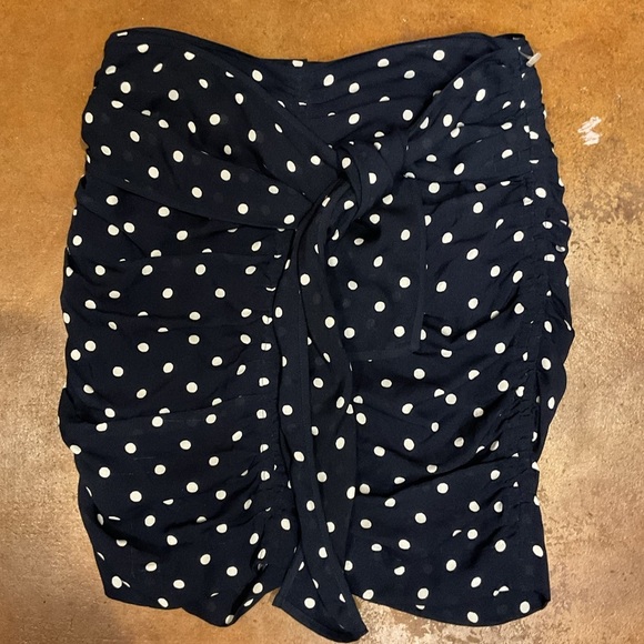 Tanya Taylor Navy Blue Polka Dot Silk Ruched Draped Artsy Mini Skirt A20 - Picture 1 of 3